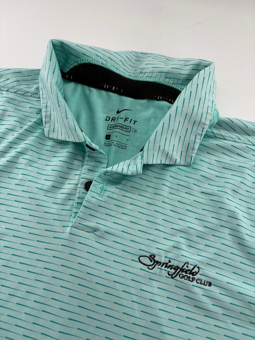 Nike Golf Dri-Fit Men's L Polo Mint Teal Striped Springfield Golf Club Logo